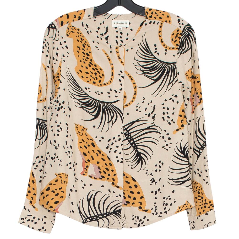 Pepaloves Top Animal Safari Boho Eclectic Statement Maximalist Button Up Size XS